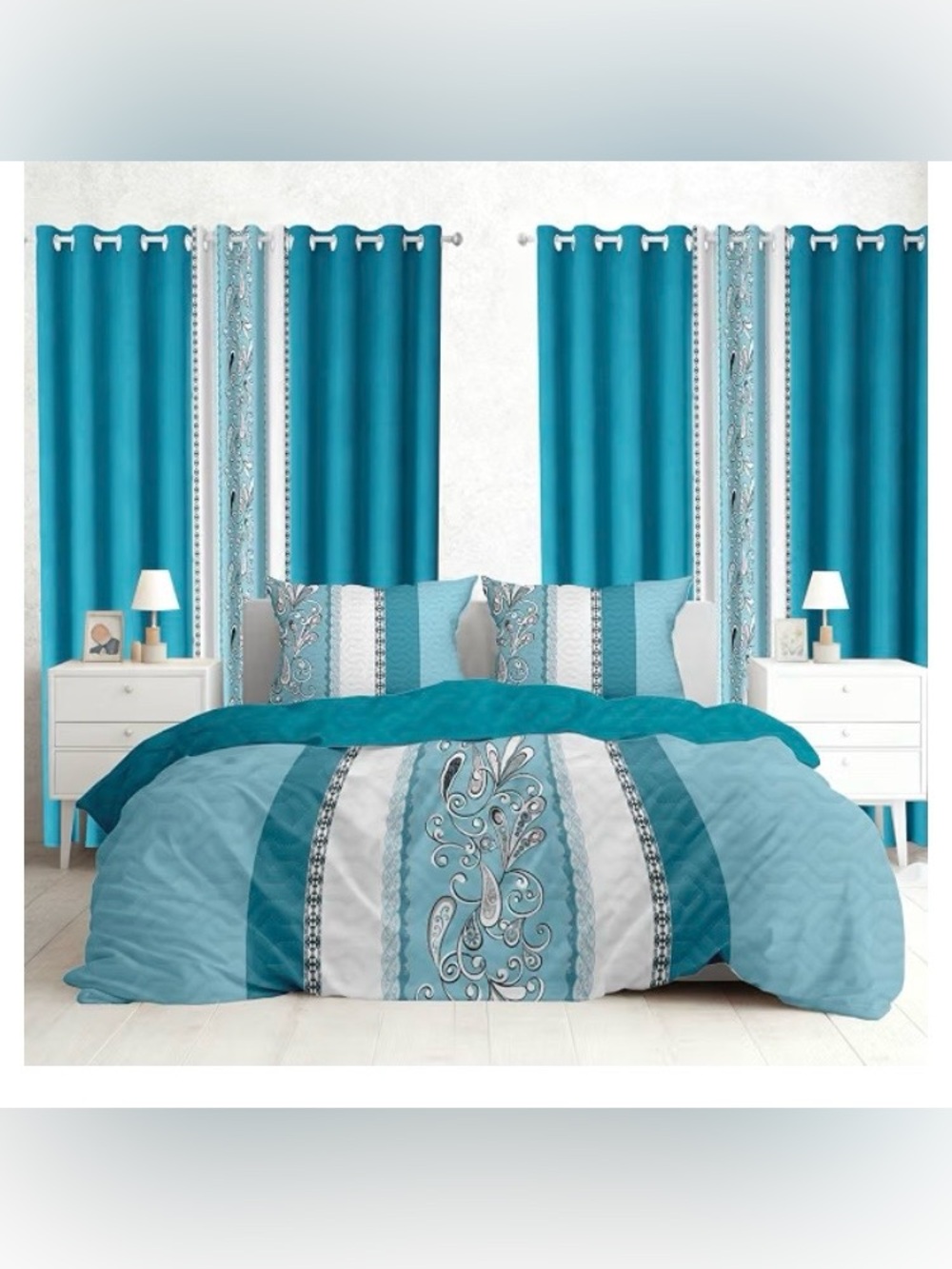 9 Pcs Queen Size Blue Bedspread Set with Curtains, Boho Blue Stripe Bed in A Bag